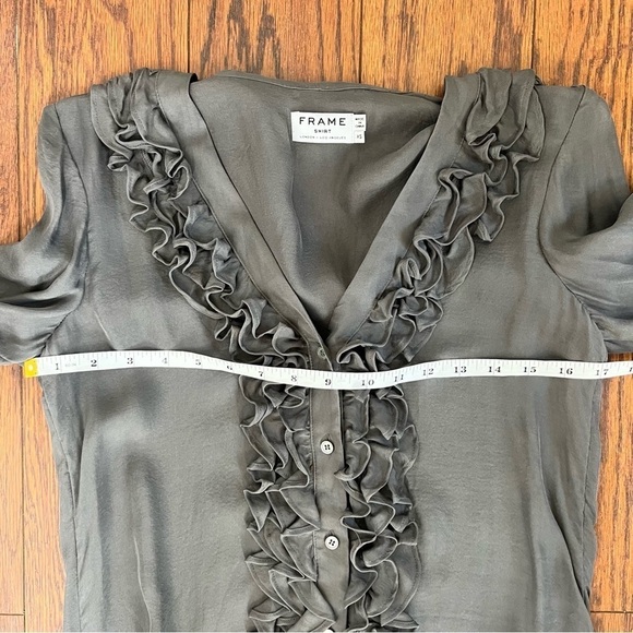 FRAME Tuxedo Smoke Grey Gray Silk Chiffon Ruffle Button Down Blouse Extra Small - Picture 12 of 16